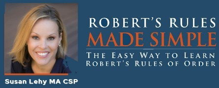 Photo of Susan Lehy and the Robert's Rule Made Simple Logo.